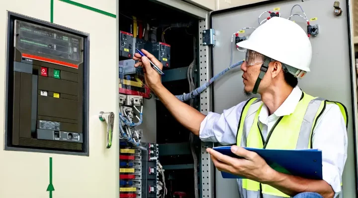 Close up of engineer looking at wires