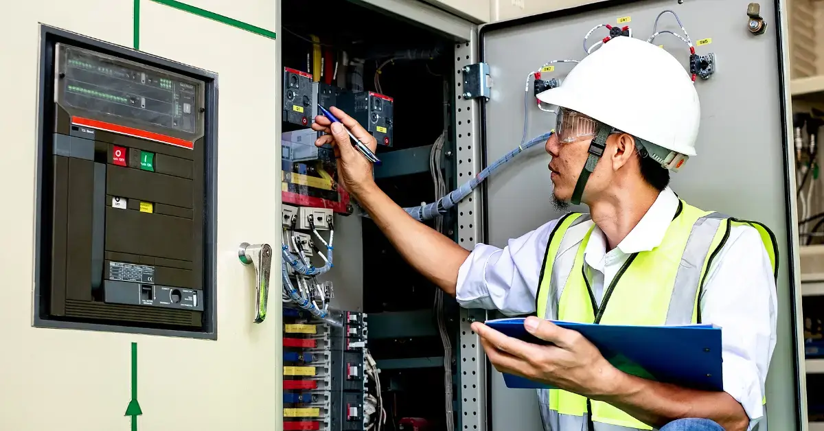 Close up of engineer looking at wires