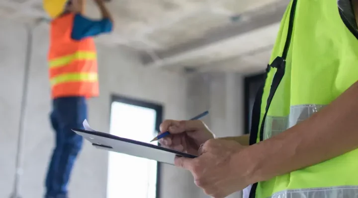 Builders on a building site checking clipboard