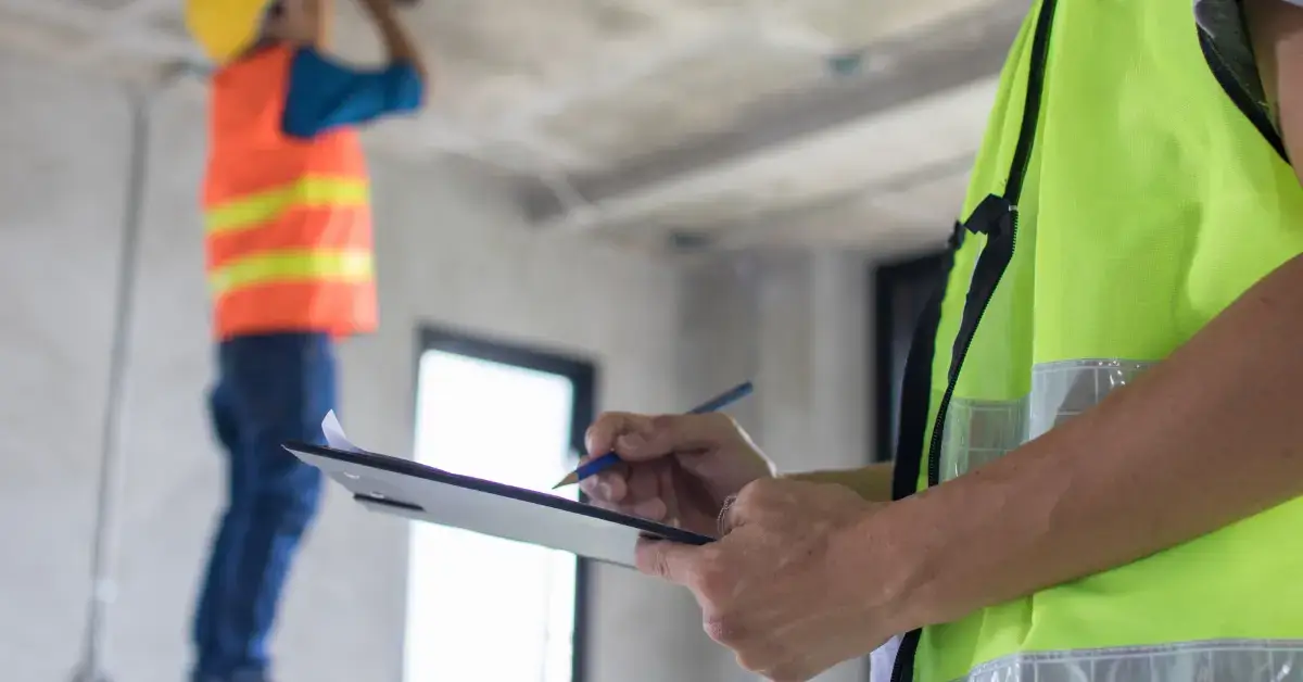 Builders on a building site checking clipboard