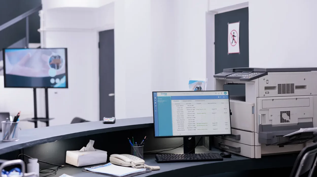 List of patients appointments displayed on desktop computer screen on registration counter